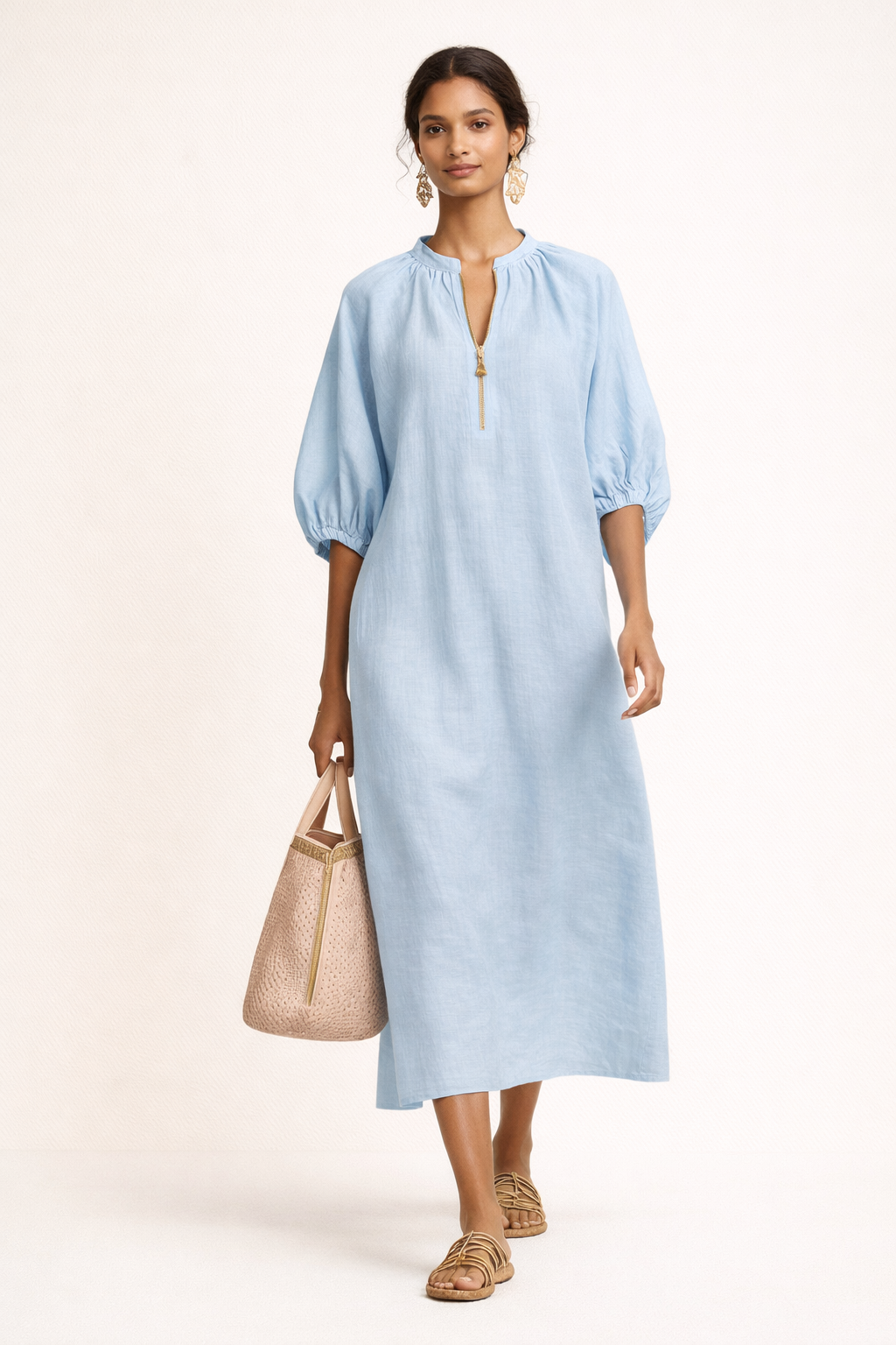 Robe longue femme décontractée à manches courtes, fluide et confortable, parfaite pour l'été et la tenue quotidienne.