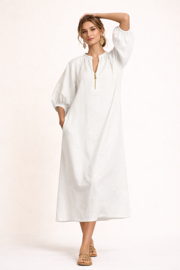 Robe longue fluide femme, manches courtes, design décontracté et élégant, idéale pour toutes les occasions estivales.