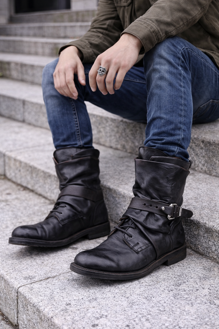 Bottines homme urbaines noires, confortables, avec sangle réglable. Idéales pour l'hiver et le style décontracté.