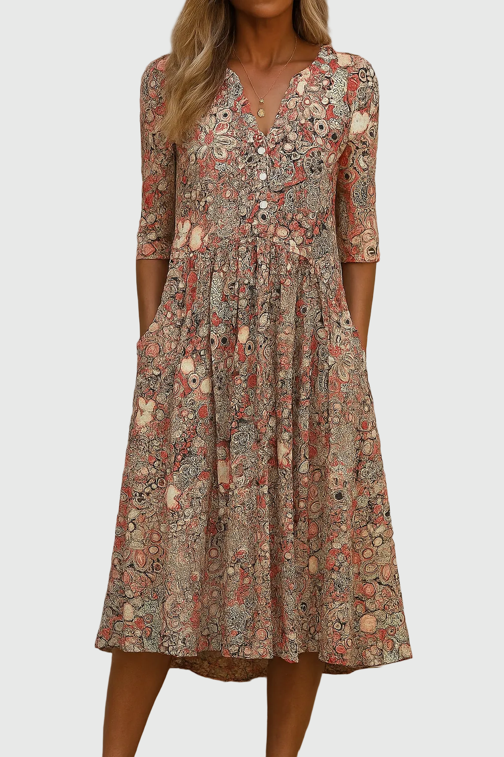 Robe midi fluide femme imprimée beige/rose, col V élégant, manches 3/4. Idéale printemps/été, style casual chic.