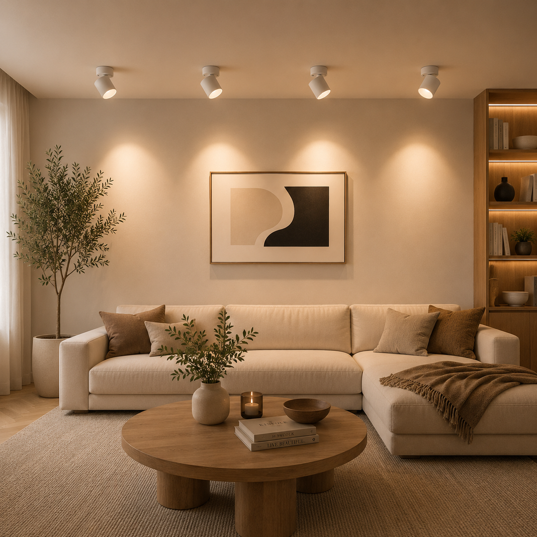 Plafonnier spot LED compact moderne blanc, éclairage ajustable pour un design intérieur épuré et lumineux.