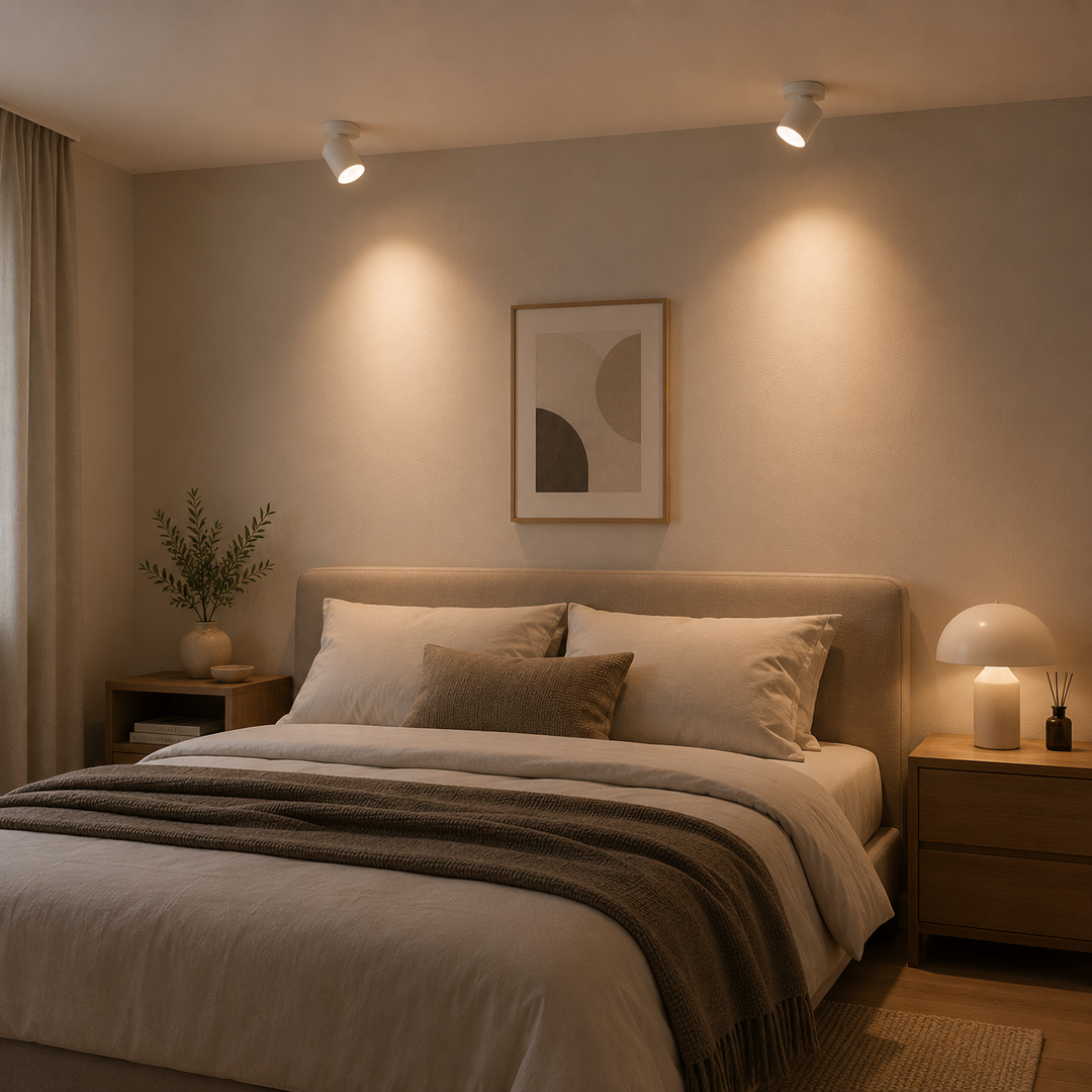 Spot LED plafonnier ajustable moderne blanc, idéal pour créer une ambiance lumineuse personnalisée dans l'intérieur.