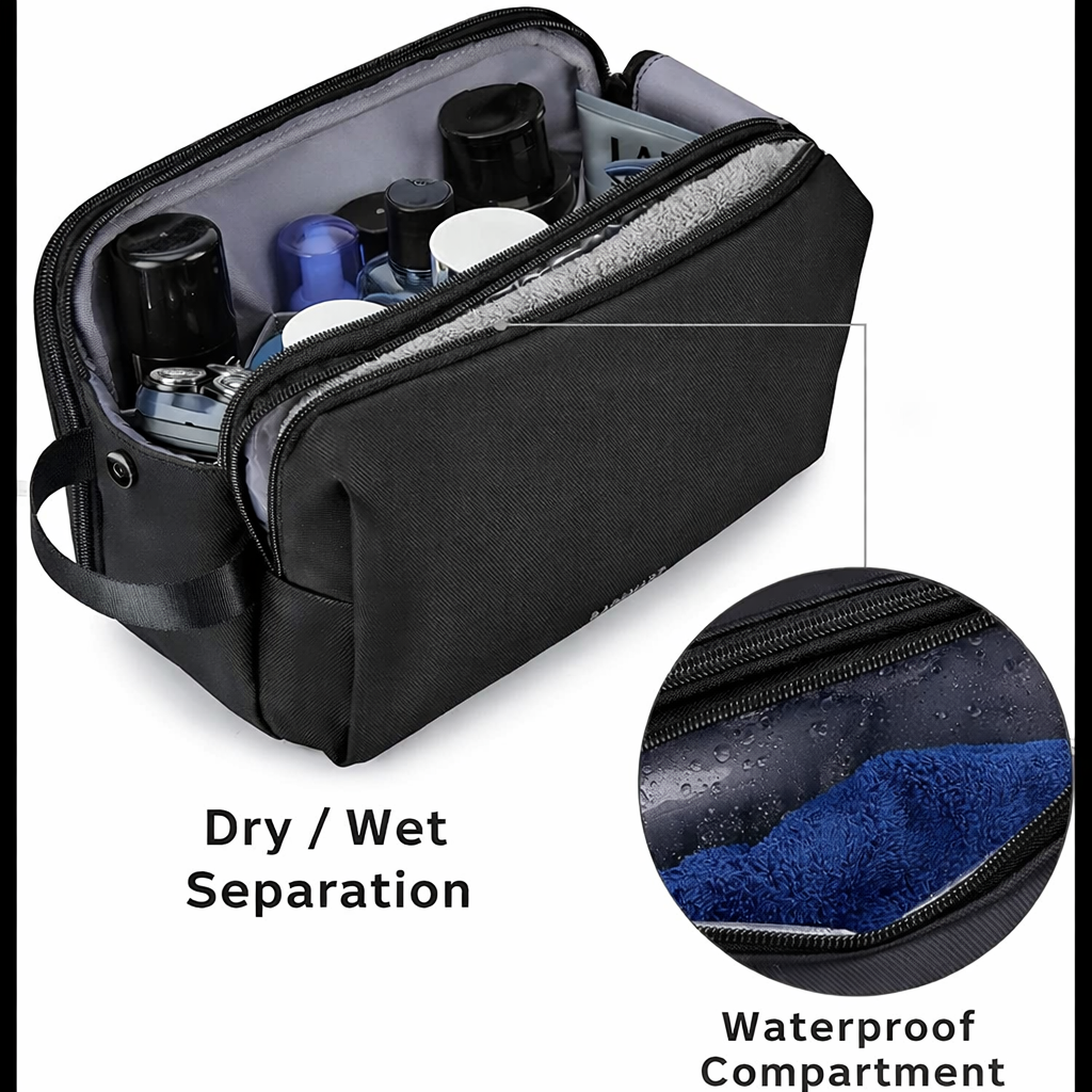 Trousse de toilette homme étanche en tissu résistant noir, avec fermetures éclair solides pour vos articles de voyage.
