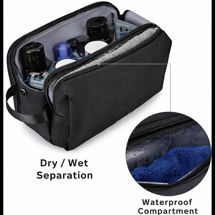 Trousse de toilette homme étanche en tissu résistant noir, avec fermetures éclair solides pour vos articles de voyage.