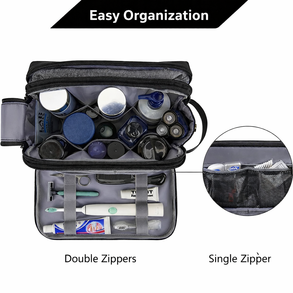 Grande trousse de toilette homme de voyage, robuste, étanche et pratique, pour tous vos indispensables en déplacement.