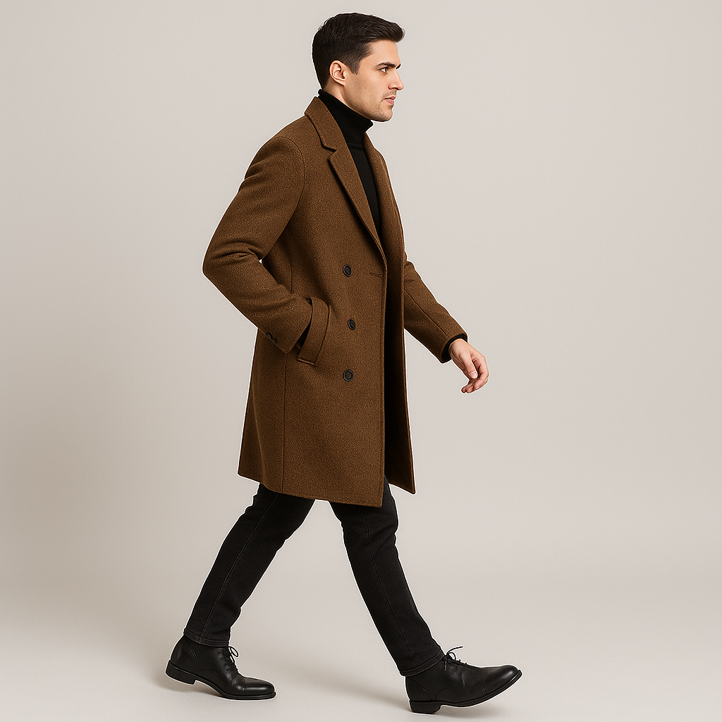 Homme portant un manteau classique croisé gris anthracite, look élégant et sophistiqué pour l'hiver.