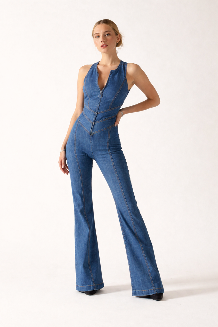 Combinaison fluide chic femme bleue sans manches, fermeture éclair moderne, parfaite pour l'été.