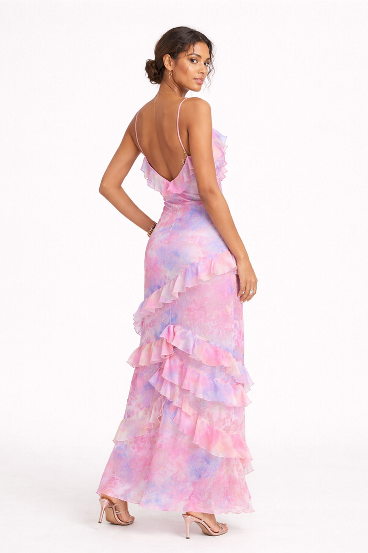 Robe de soirée longue Felinge avec volants, coupe élégante pour femmes. Parfaite pour mariage, gala ou soirée d'été.