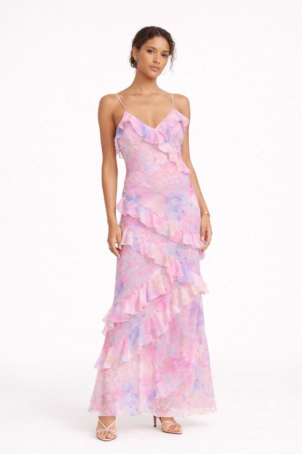 Robe de soirée longue Felinge pour femmes, tissu fluide, avec volants délicats. Élégance pour mariage et gala.