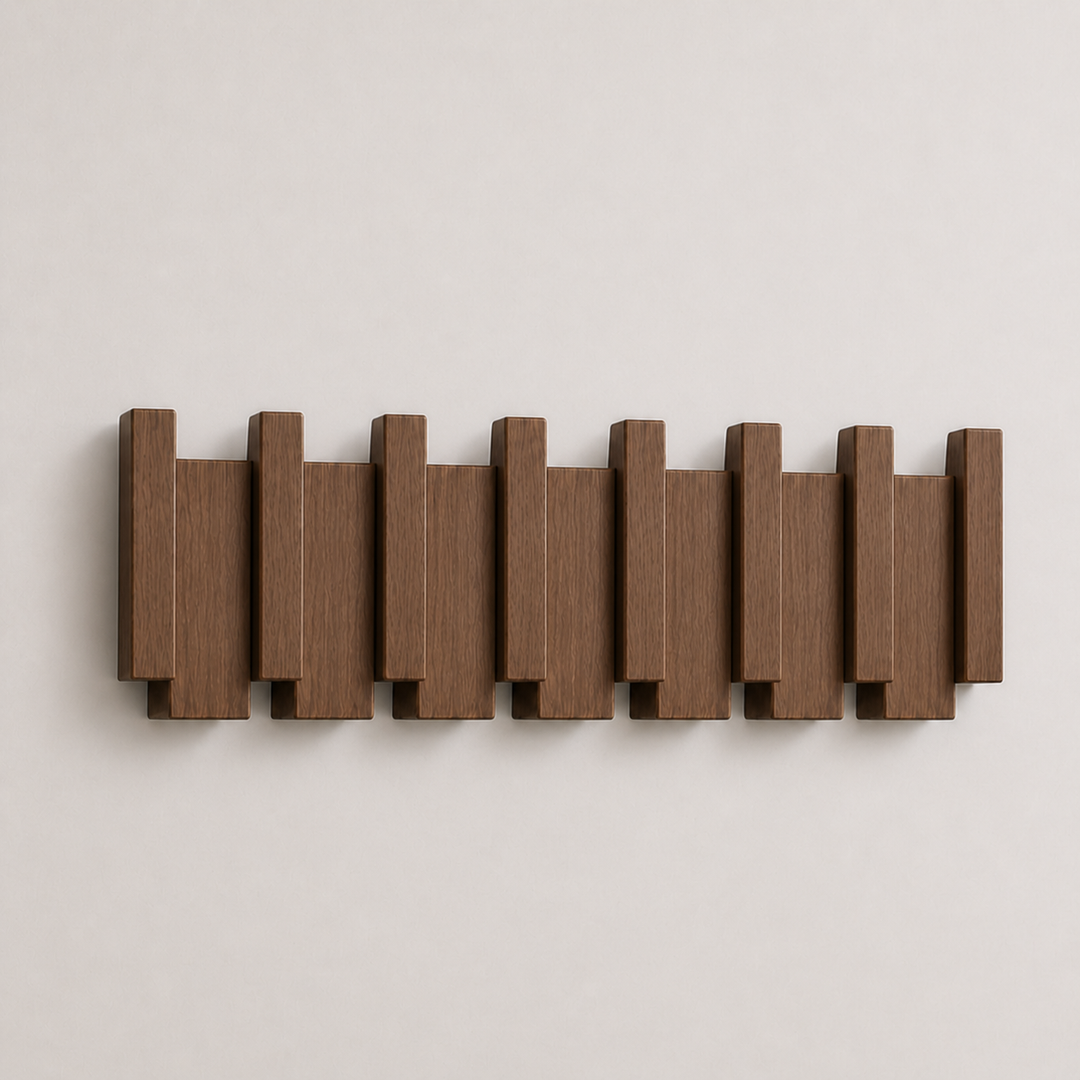 PianoHook : porte-manteau mural en bois massif avec 5 crochets pliables pour une touche design.