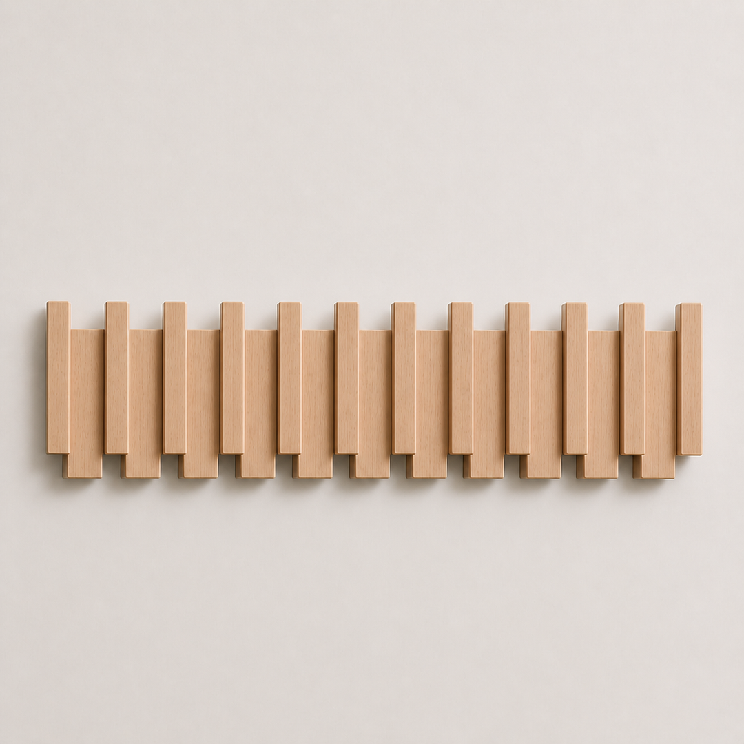 Porte-manteau mural PianoHook, bois massif, crochets pliables pour une décoration et un rangement chic.
