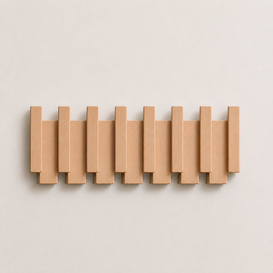 Porte-manteau mural élégant en bois massif, crochets pliables, design inspiré d'un piano.