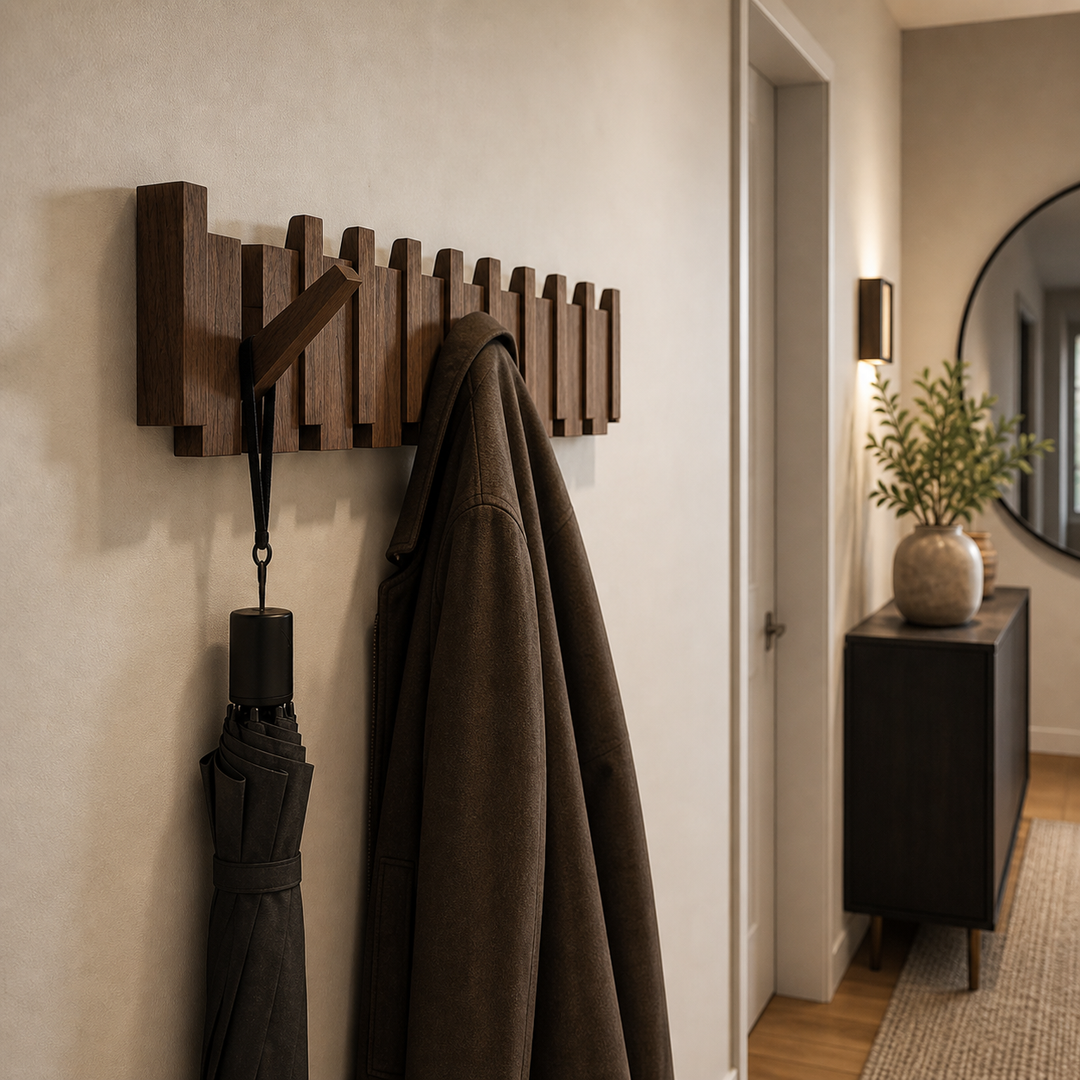Porte-manteau mural design en noyer massif, crochets pliables, solution de rangement élégante et discrète.