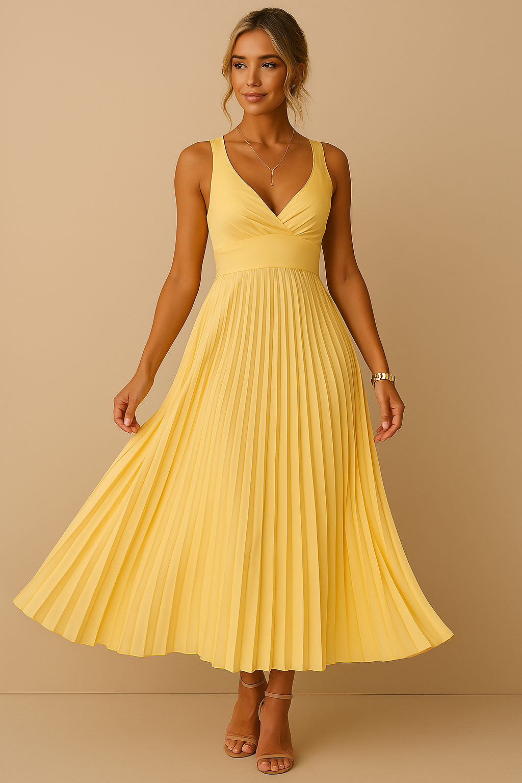 Robe longue femme élégante jaune plissée, col V et dos nu, idéale pour soirée ou cérémonie. Tenue de cocktail chic.