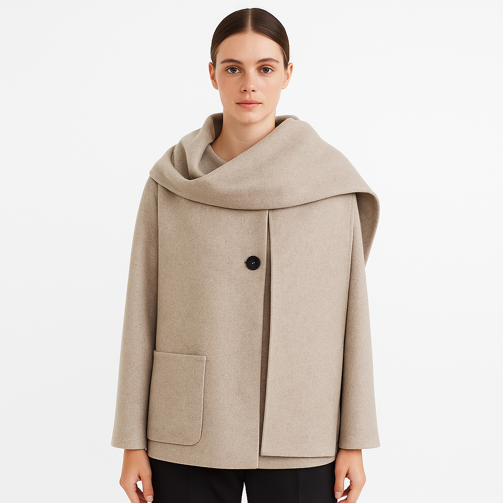 Manteau femme élégant style français avec col enveloppant. Idéal pour automne/hiver chic.