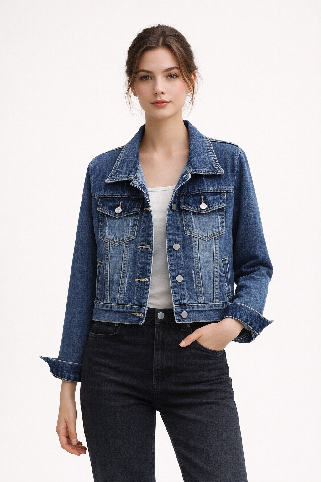Veste en jean courte ajustée pour femme, style chic et polyvalent, idéale printemps/été.