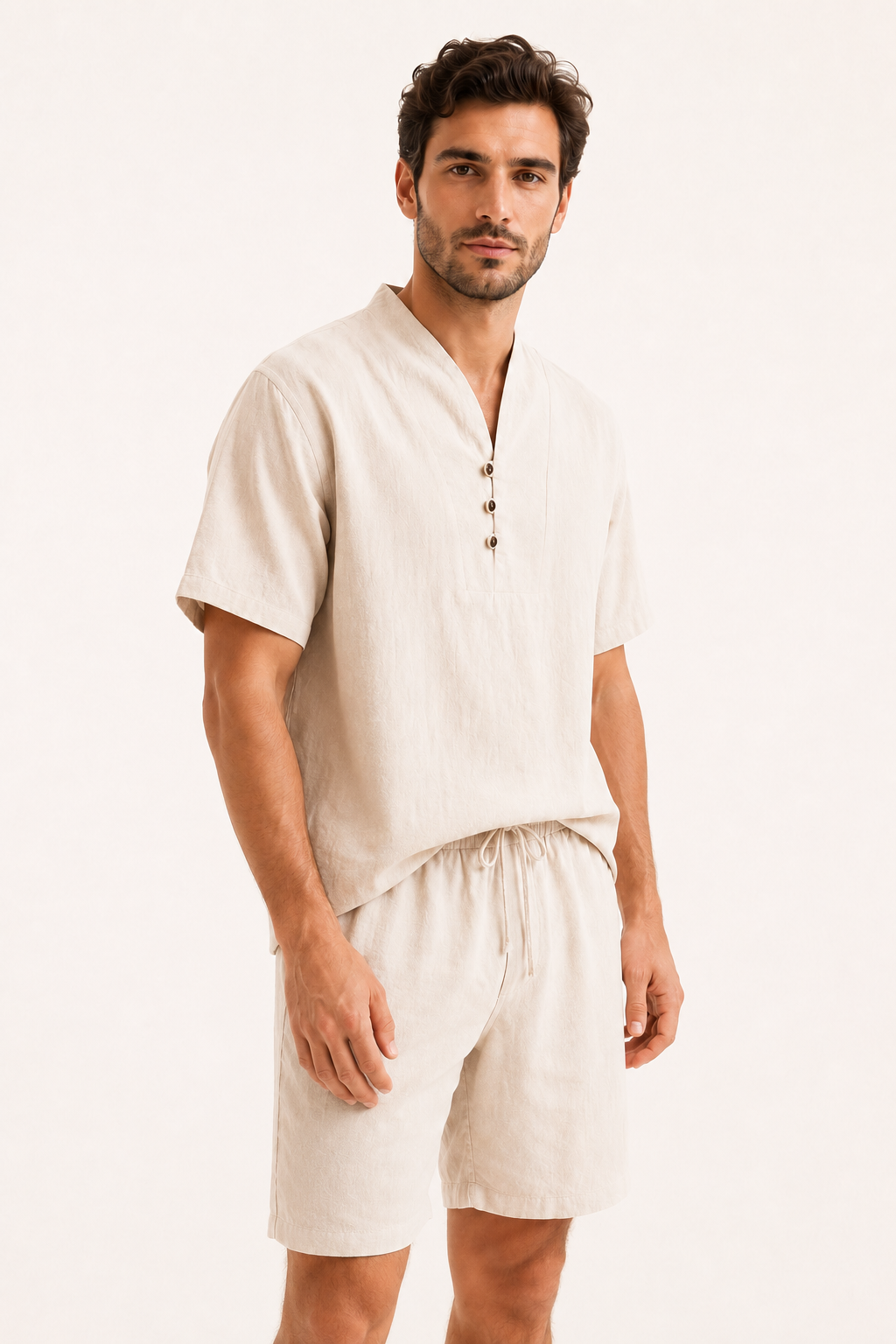 Ensemble homme décontracté en lin et coton, chemise col mao et short, idéal pour l'été et la plage.