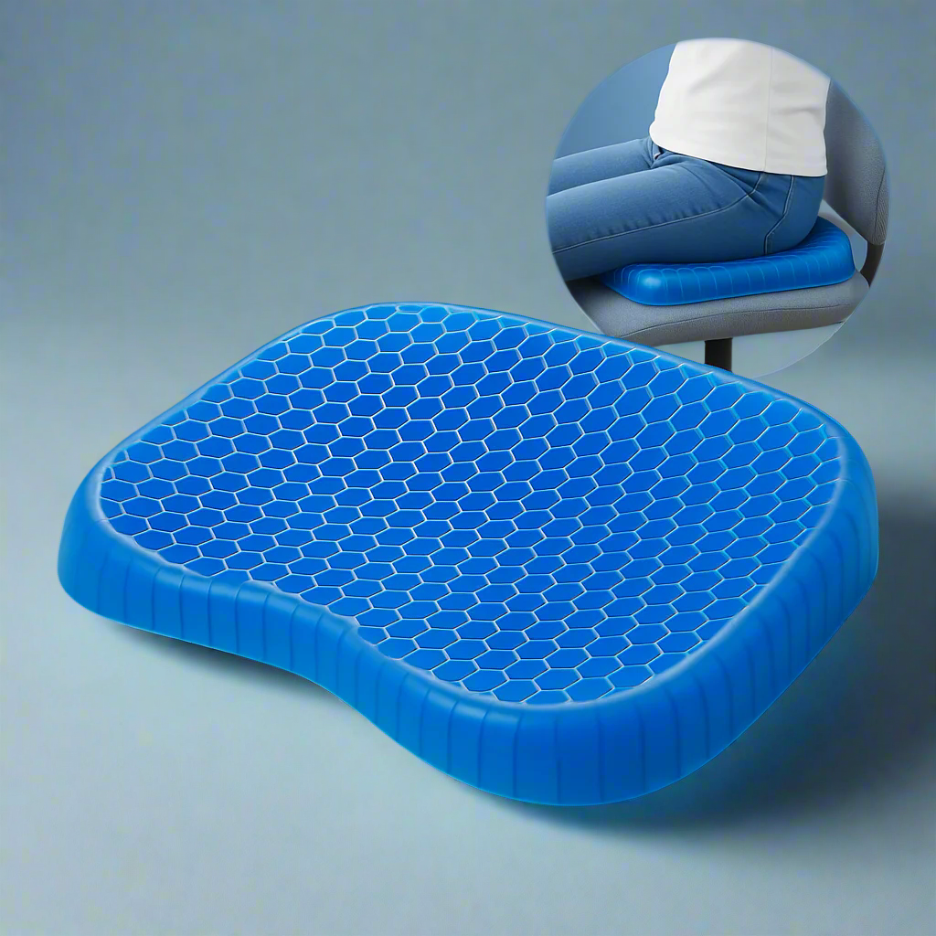 Coussin de siège orthopédique en gel pour coccyx et dos, soulageant la douleur au bureau.