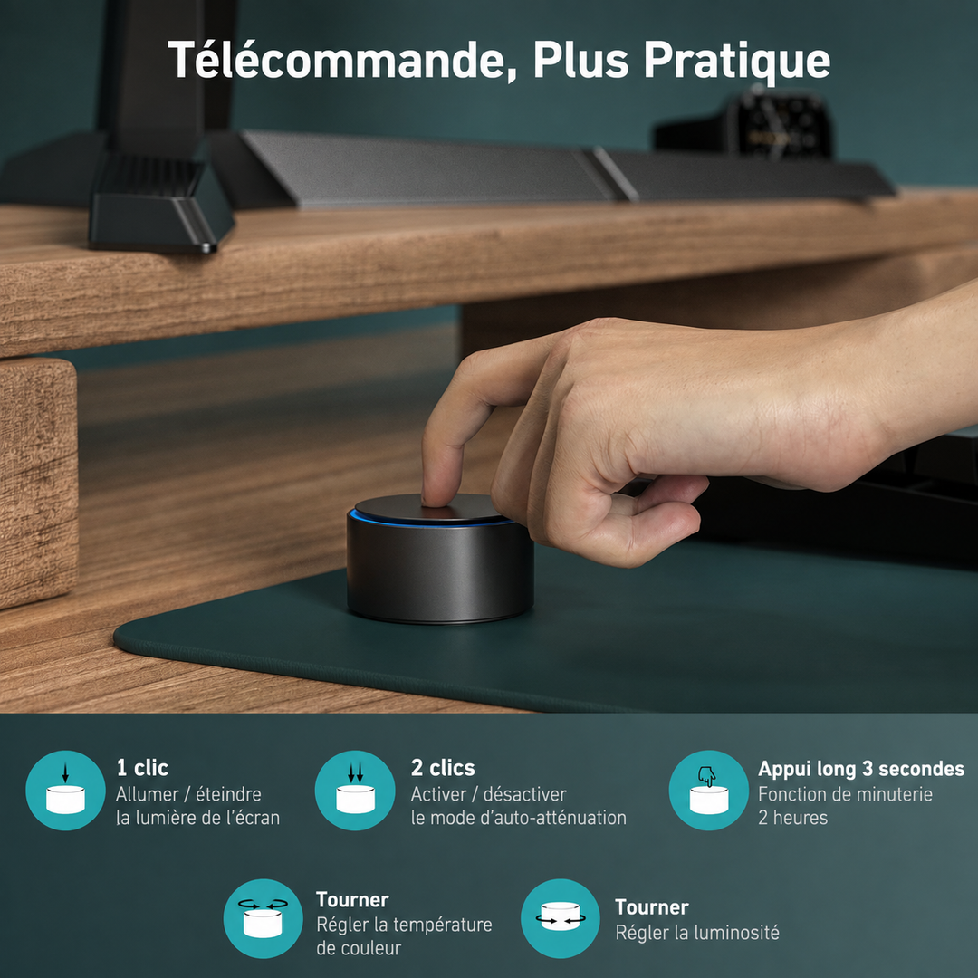 Barre lumineuse de moniteur ergonomique LED pour réduire la fatigue oculaire et améliorer le confort visuel au bureau.