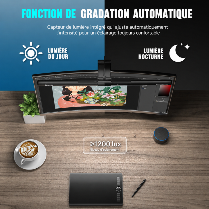 Éclairage de bureau LED asymétrique anti-reflet pour moniteur, idéal pour setup gaming et productivité.