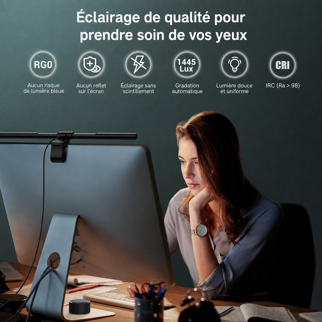 Barre lumineuse LED de moniteur avec atténuation automatique, lumière douce pour un confort visuel optimal.