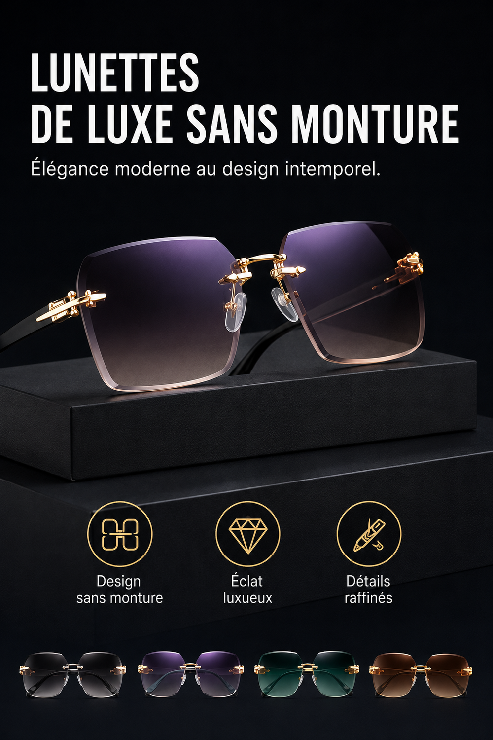 Lunettes de soleil sans monture carrées pour hommes, protection UV400, un accessoire de mode moderne.