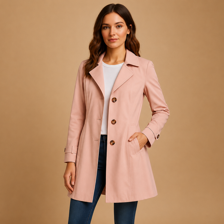Manteau trench-coat femme chic et classique, boutonné, parfait pour l'automne-hiver.