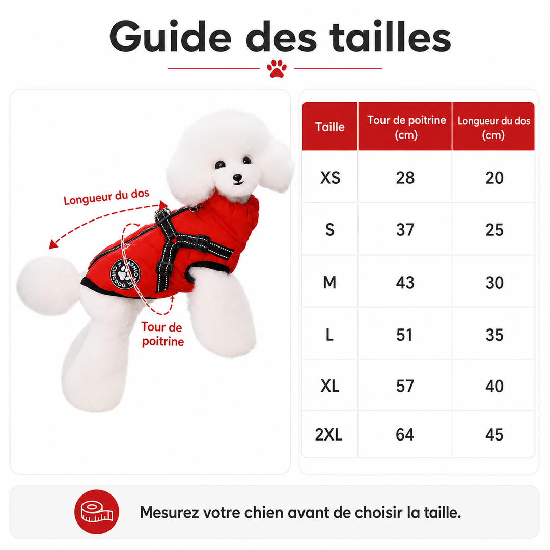 Manteau chien toutes saisons, imperméable avec harnais, protège du froid et de la pluie.