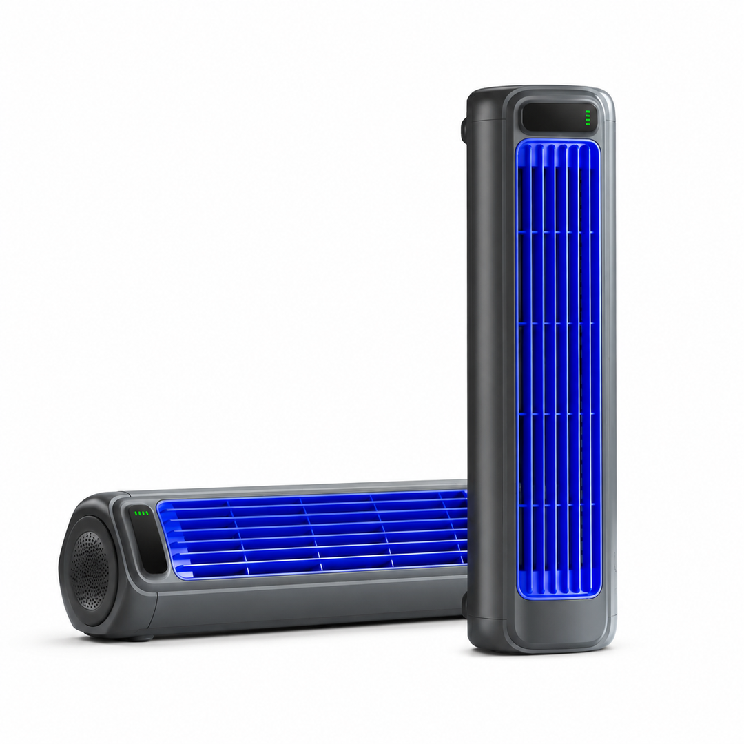 Climatiseur portable compact personnel bleu pour un rafraîchissement efficace au bureau ou à la maison.