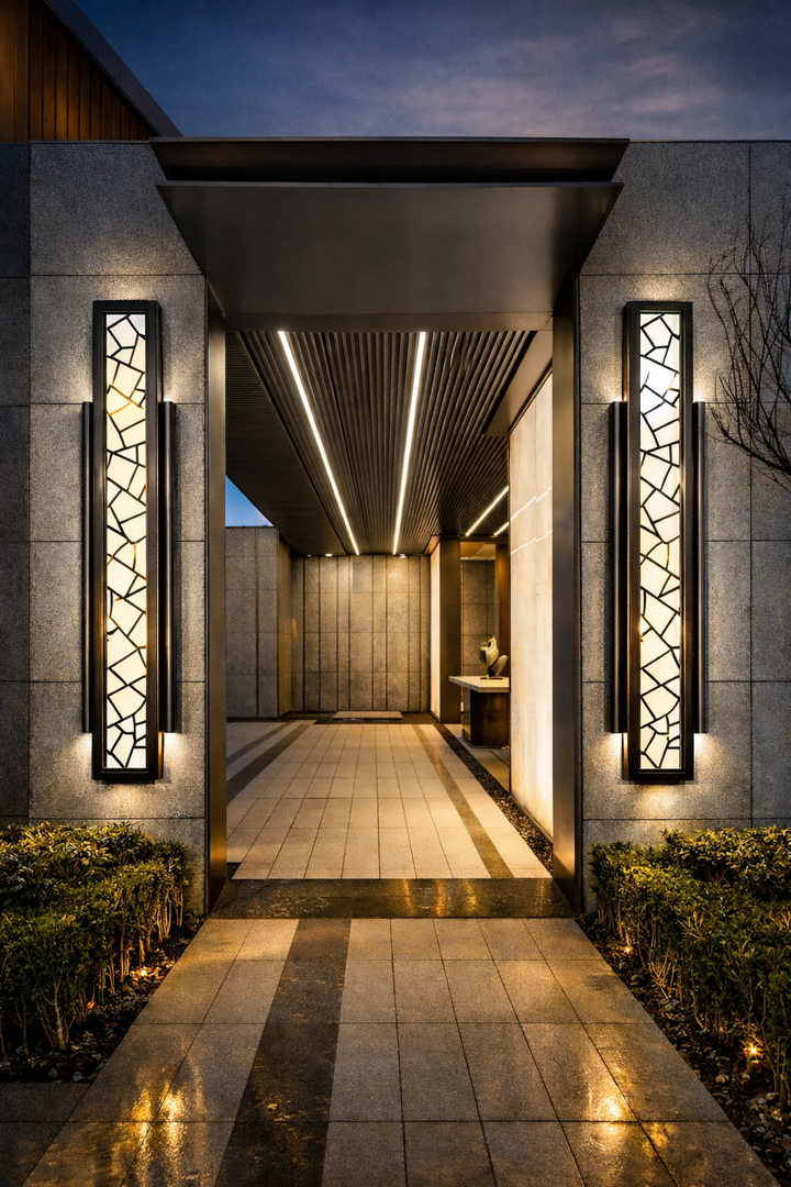 Applique murale LED extérieure moderne, design élégant pour façade et jardin, éclairage dimmable.