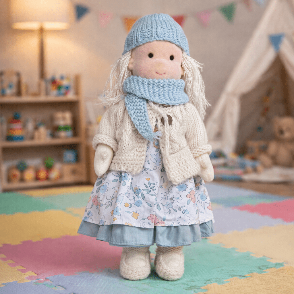 Poupée Waldorf artisanale en coton doux, jouet fait main pour enfants.