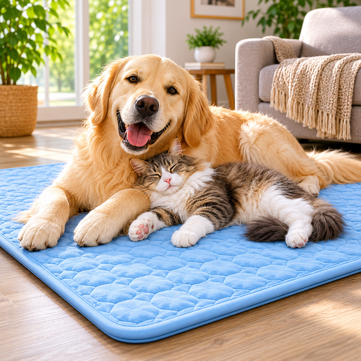 Tapis rafraîchissant bleu pour chien et chat, offrant un confort frais en été.