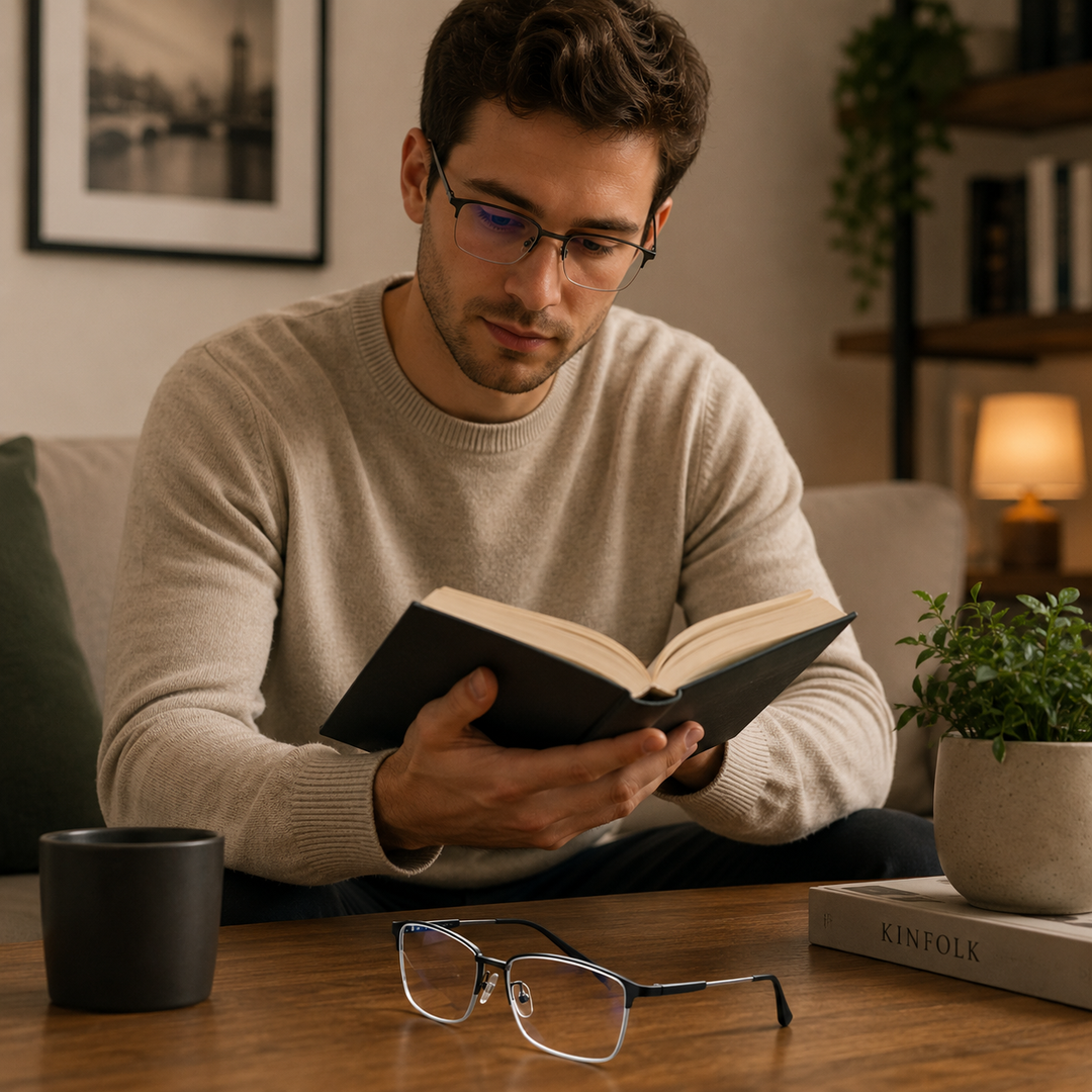 Gros plan sur lunettes multifocales progressives, idéales pour la lecture confortable de livres et journaux.