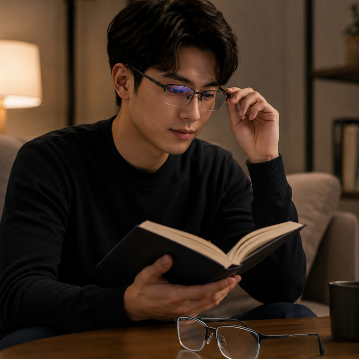 Homme souriant utilisant des lunettes progressives pour une vision claire de son écran d'ordinateur.