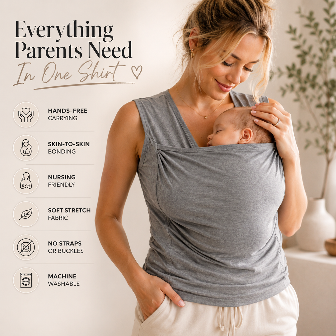 Parent actif portant bébé en t-shirt de portage gris, favorisant le lien et l'allaitement.