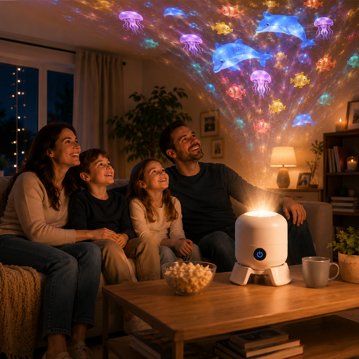 Projecteur STARFLOW en action, diffusant une lumière LED dynamique pour une ambiance magique dans la maison.