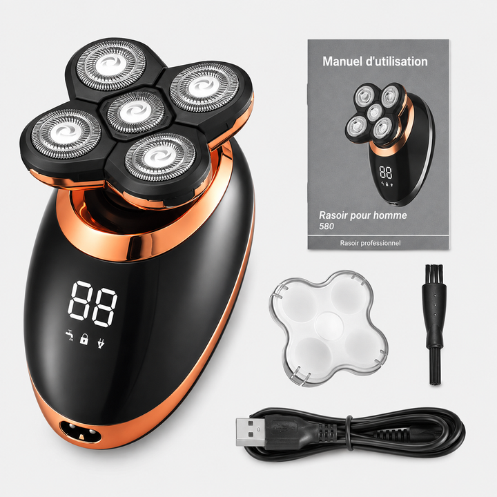 Homme satisfait après rasage avec tondeuse électrique 5-en-1. Look soigné, hygiène, grooming réussi.