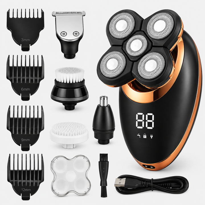 Tondeuse électrique homme 5-en-1 sans fil pour barbe, cheveux et corps. Rasage précis et toilettage complet.