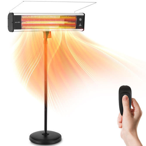 Chauffage électrique infrarouge portable noir, idéal pour terrasse ou jardin. Apporte une chaleur réglable et efficace.