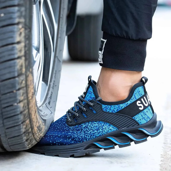 Détail du tissu respirant sur chaussures de sécurité, assurant confort et aération toute la journée de travail.