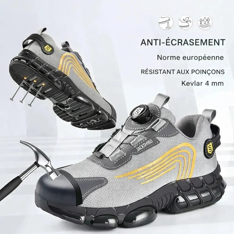 Détail: Chaussures de travail avec système de lacet rotatif rapide. Semelle antidérapante, embout acier pour sécurité.