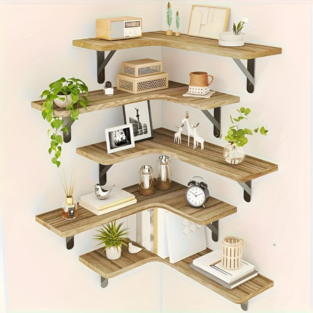 Étagère d'angle murale rustique effet bois, style boho chic pour salon ou chambre.