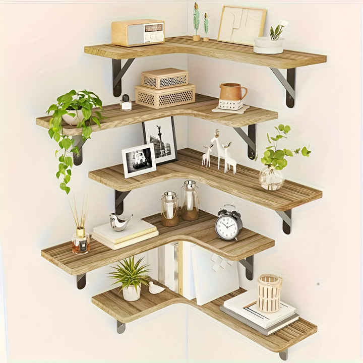 Étagère d'angle murale rustique effet bois, style boho chic pour salon ou chambre.
