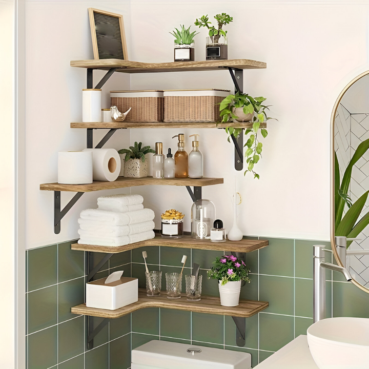 Étagère d'angle flottante organisatrice, effet bois pour optimiser l'espace mural chic.