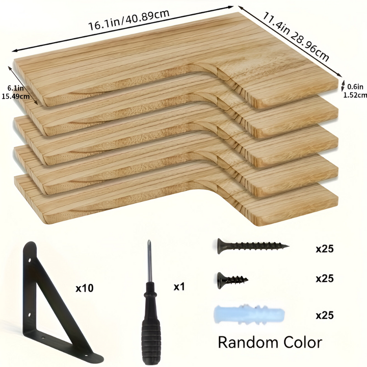Aménagement mural avec étagère d'angle flottante effet bois, idéale chambre ou salon.