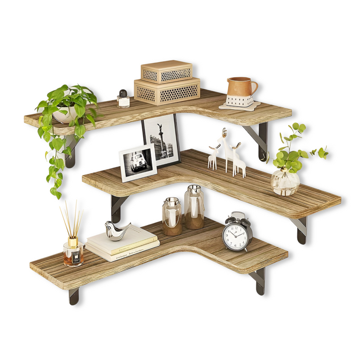 Étagère d'angle murale en plastique effet bois, finition rustique pour intérieur élégant.