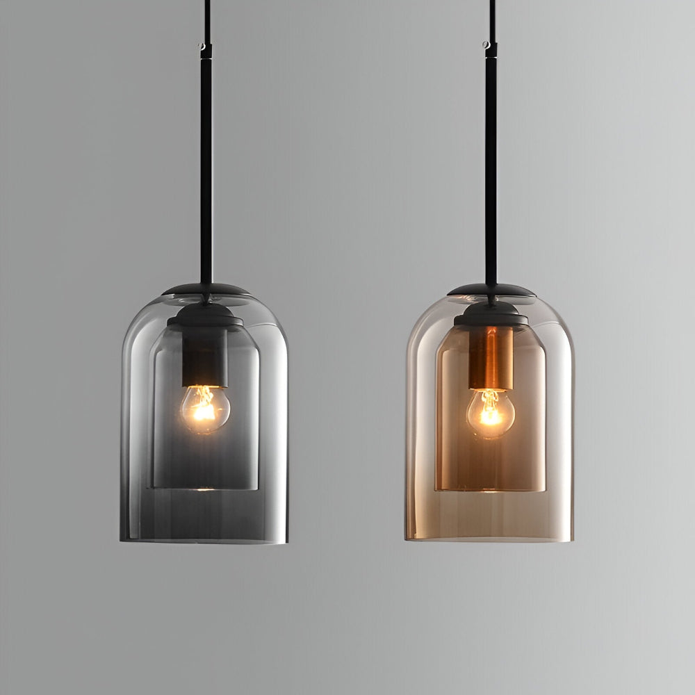 Suspension luminaire moderne double verre, idéale pour un salon chic et contemporain.