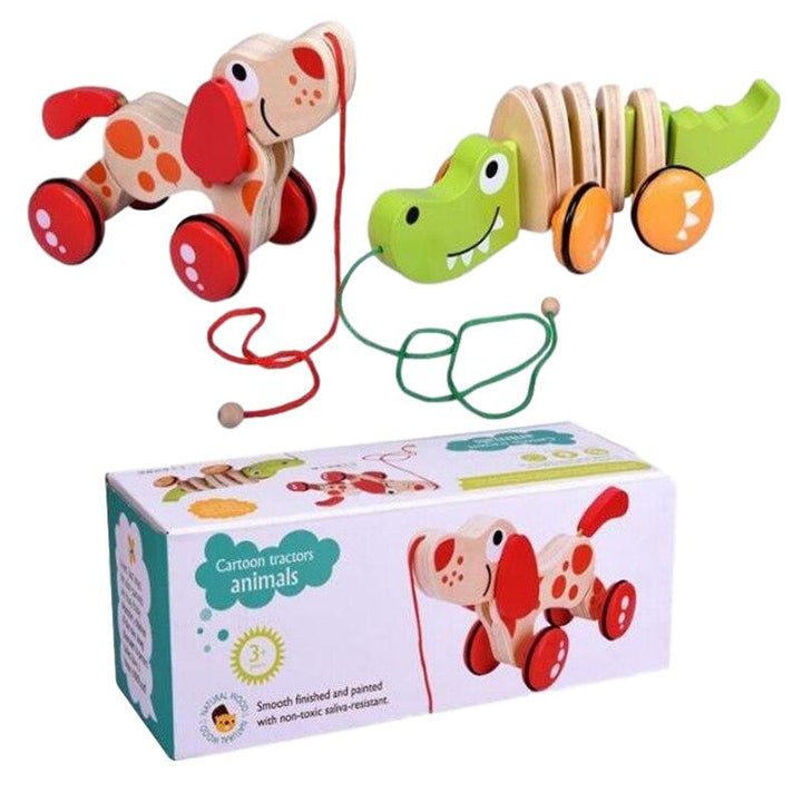 Jouet à tirer en bois pour enfant, représentant un chien et un crocodile. Idéal pour la motricité des bébés.