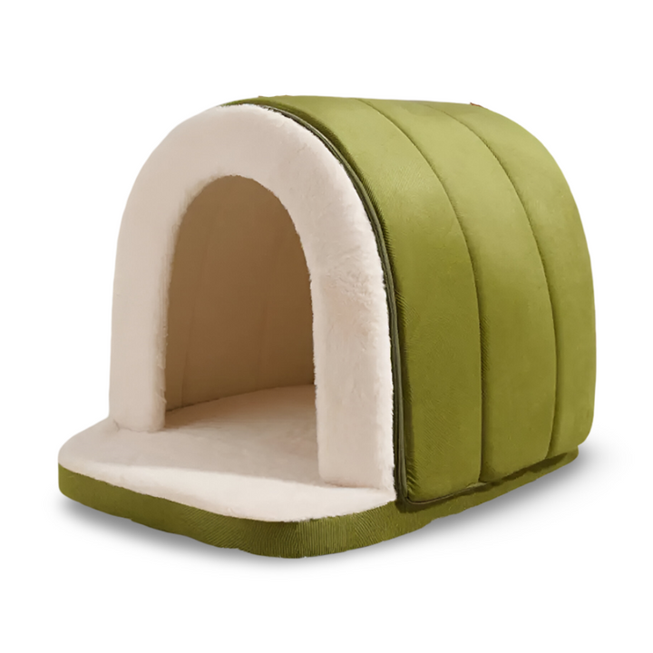 Vue du lit grotte pour chien, 2-en-1, idéal pour le confort et la relaxation des chiens anxieux et sensibles.