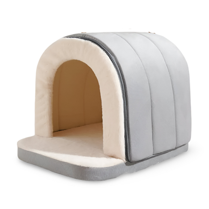 Lit chien lavable, doux et anti-stress, se transformant en grotte pour un couchage apaisant et sécurisé parfait.